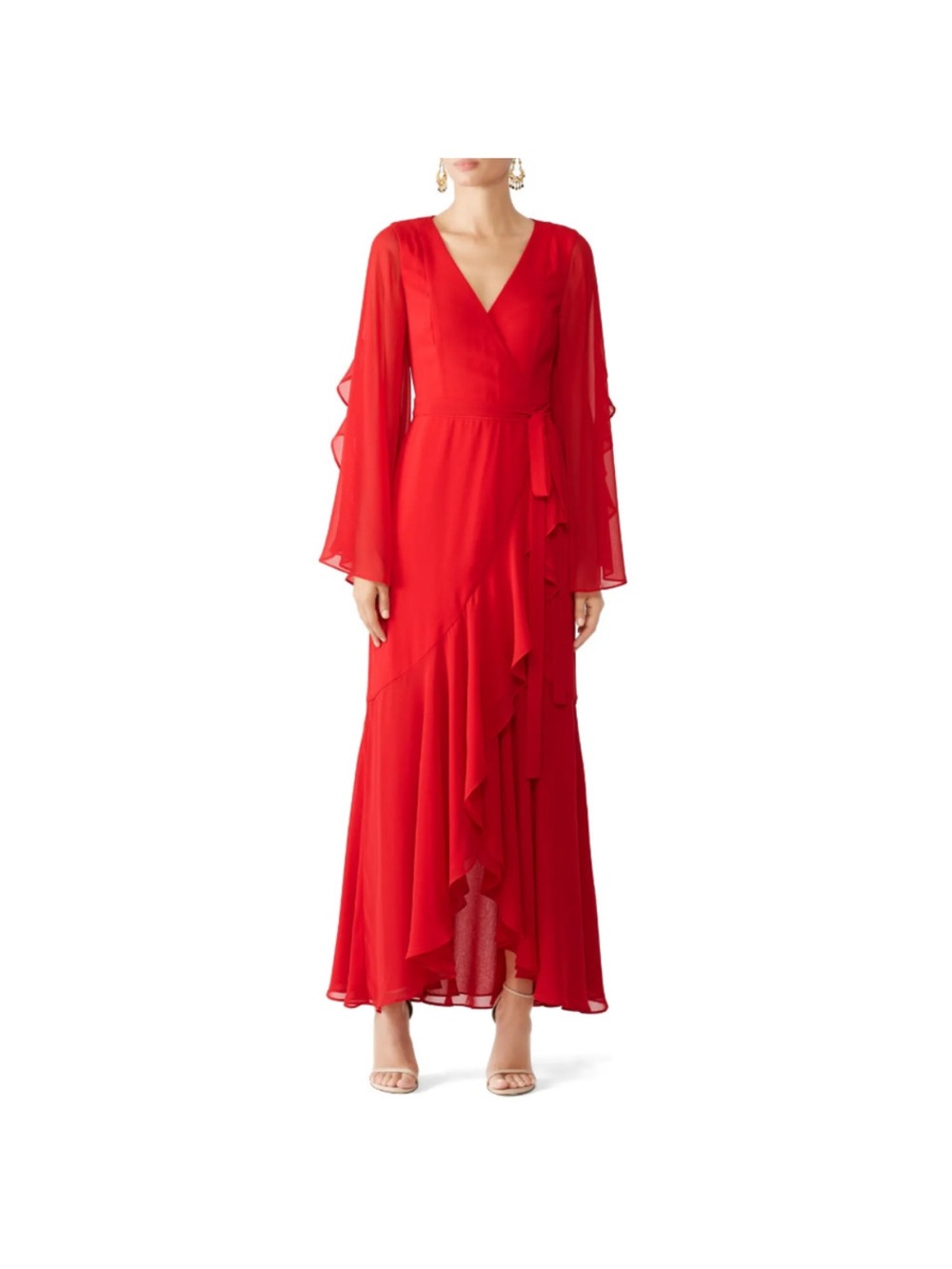 Fame and Partners The Laurita Long Sleeve Ruffle Wrap Dress Maxi Red Women's 6